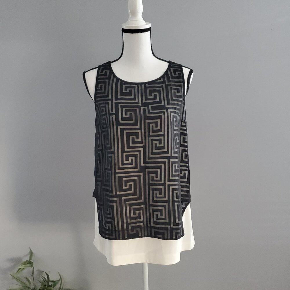 Elizabeth James Silk Blend Black White Geometric Sheer Top XS